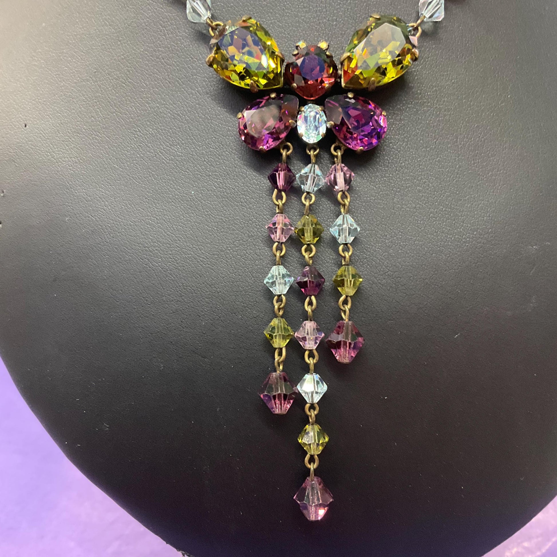 Vintage Butler and Wilson Crystal Butterfly Necklace: Bohemian Gold Tone, Signed in Box