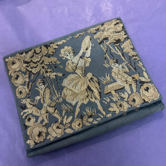 Vintage 1930s Hand Made Toile de Jouy Tapestry Clutch Bag, Petrol Blue/ Grey with Gold tone Baroque weave