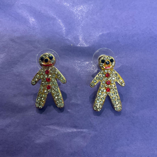 Vintage Butler and Wilson Gold Crystal Gingerbread Person Stud Earrings , Gold, Red and black Crystals, Signed as new, Sustainable Gift