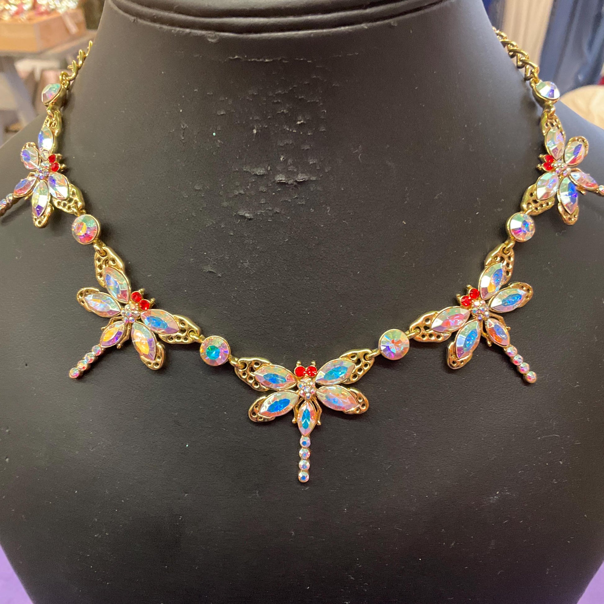 Vintage Butler and Wilson Rainbow Crystal Dragonfly Necklace , Gold Tone with Aurora Borealis Crystals , Signed in Original Box