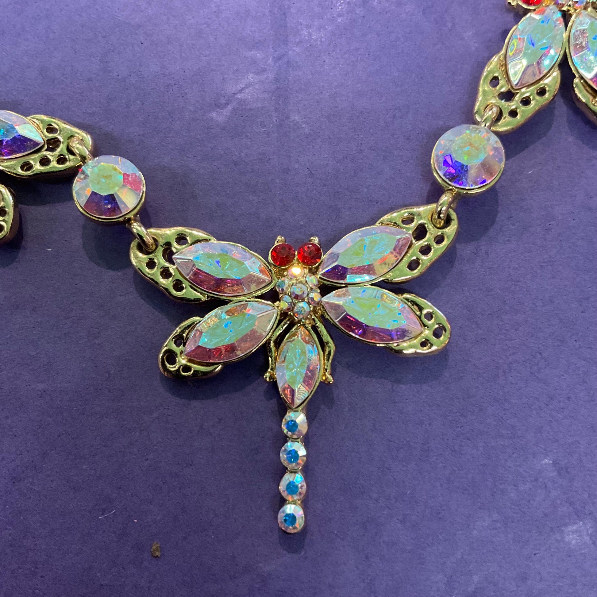 Vintage Butler and Wilson Rainbow Crystal Dragonfly Necklace , Gold Tone with Aurora Borealis Crystals , Signed in Original Box