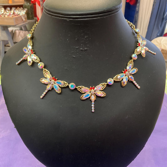 Vintage Butler and Wilson Rainbow Crystal Dragonfly Necklace , Gold Tone with Aurora Borealis Crystals , Signed in Original Box