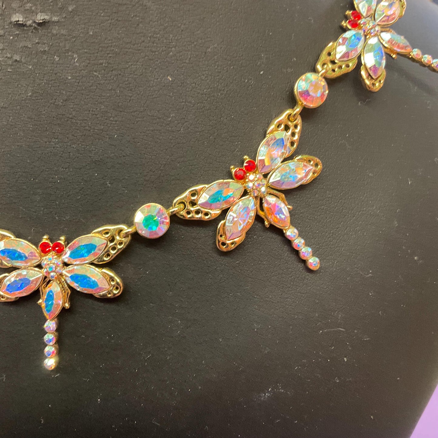 Vintage Butler and Wilson Rainbow Crystal Dragonfly Necklace , Gold Tone with Aurora Borealis Crystals , Signed in Original Box