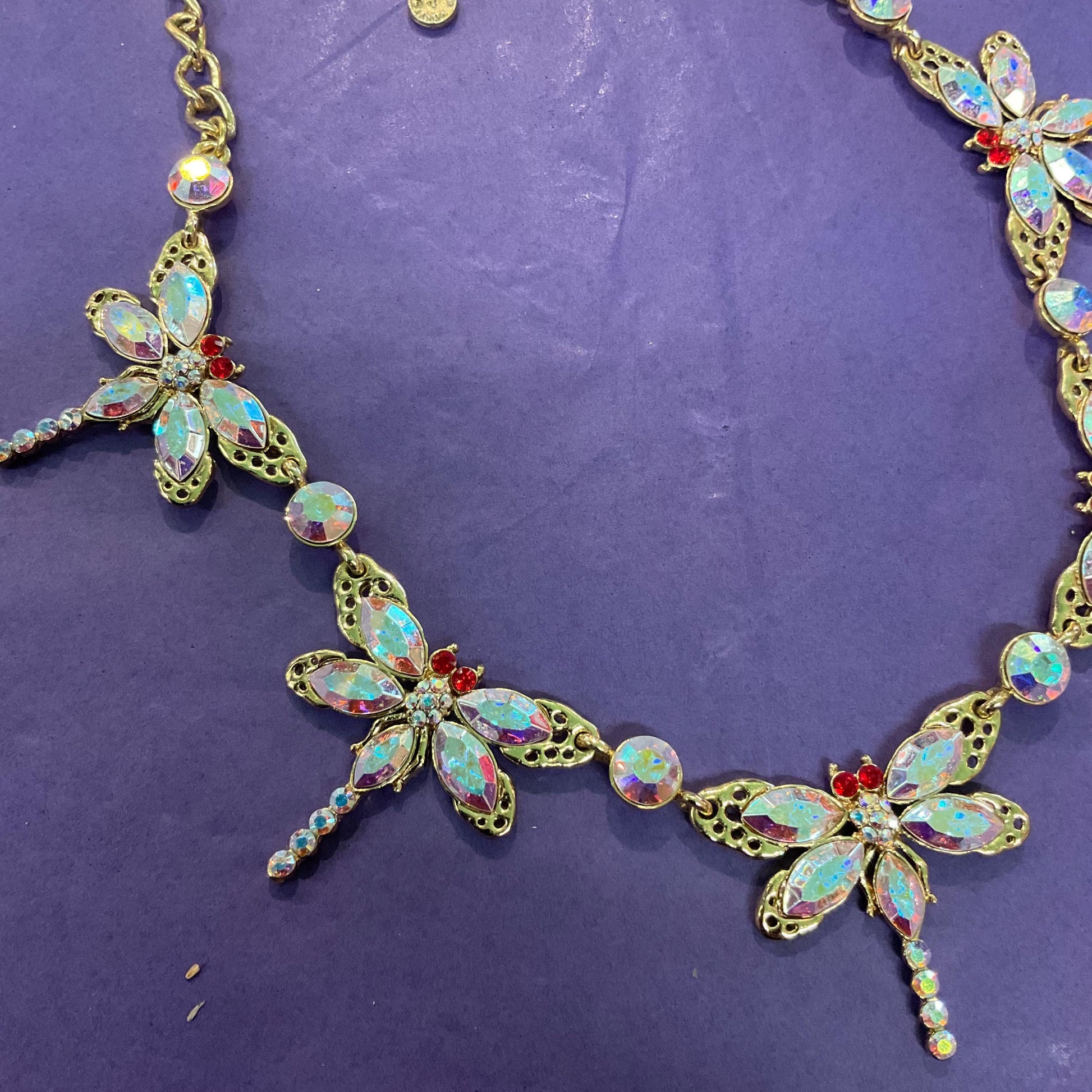 Vintage Butler and Wilson Rainbow Crystal Dragonfly Necklace , Gold Tone with Aurora Borealis Crystals , Signed in Original Box