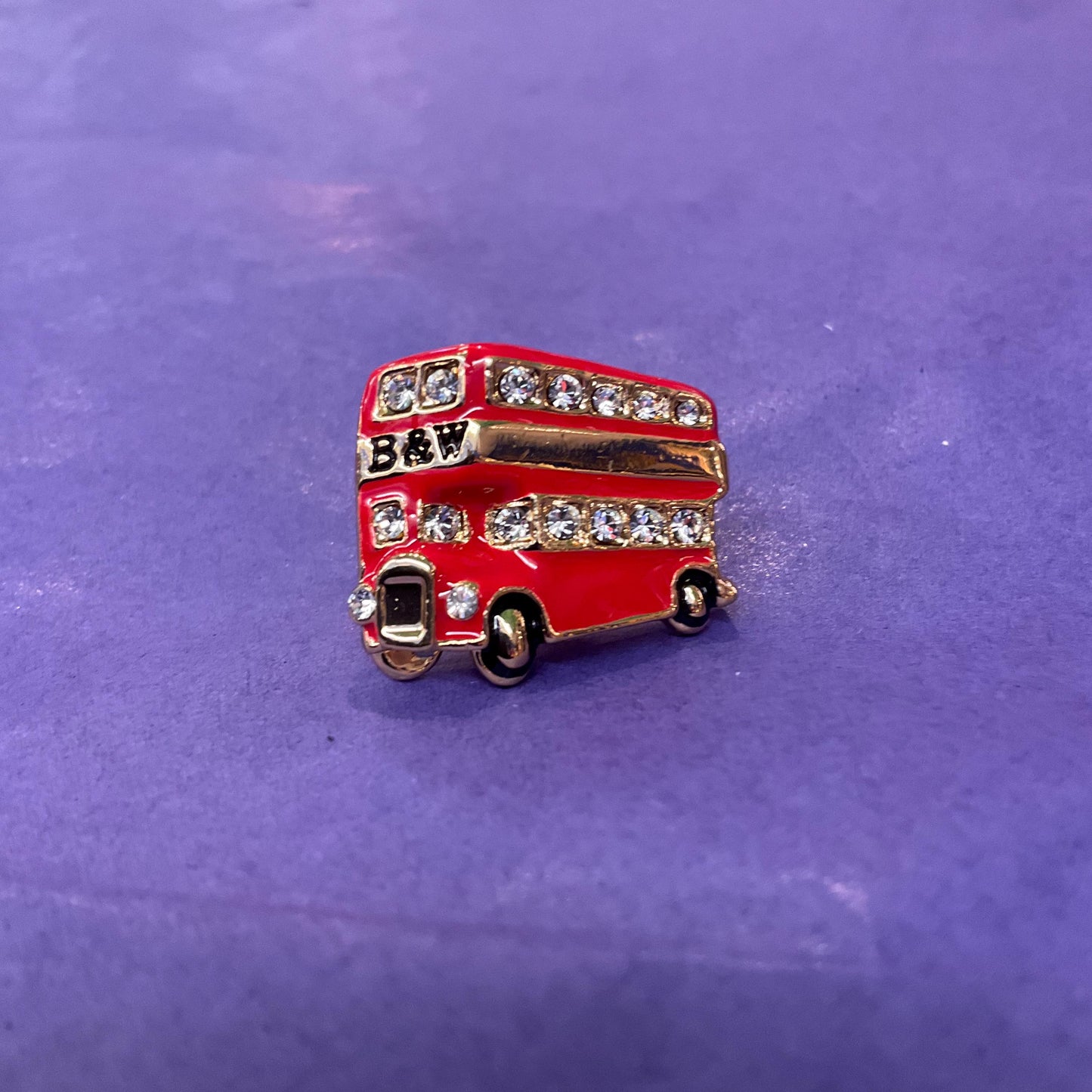 Vintage Butler and Wilson London Bus Lapel Pin, Gold Tone with Red Enamel and Silver Crystals, Signed as new, Vintage Man