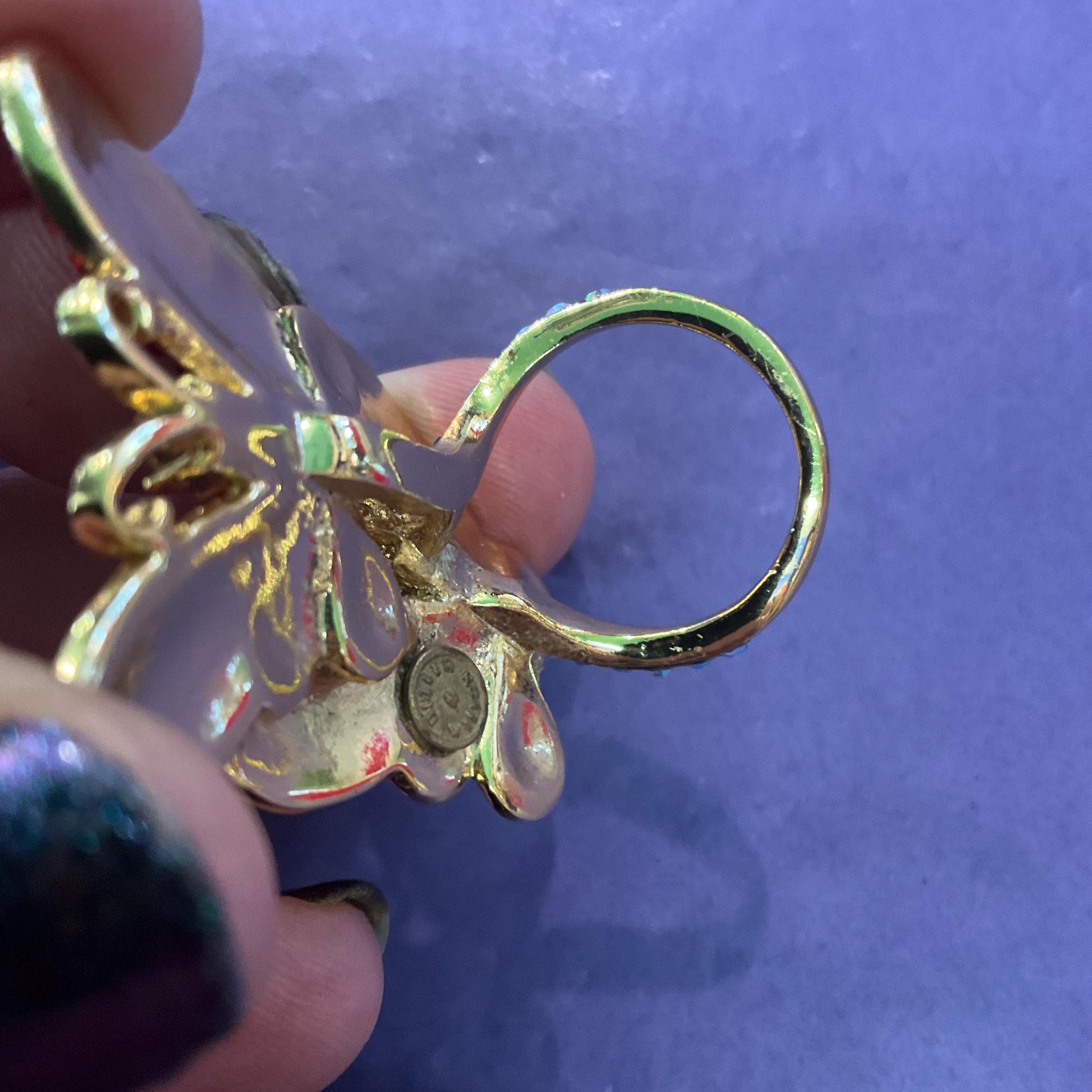 Vintage Butler and Wilson Rainbow Crystal Butterflies Statement Ring, Size Uk M/ US 6, Gold Tone with Borealis Crystals, Signed as new