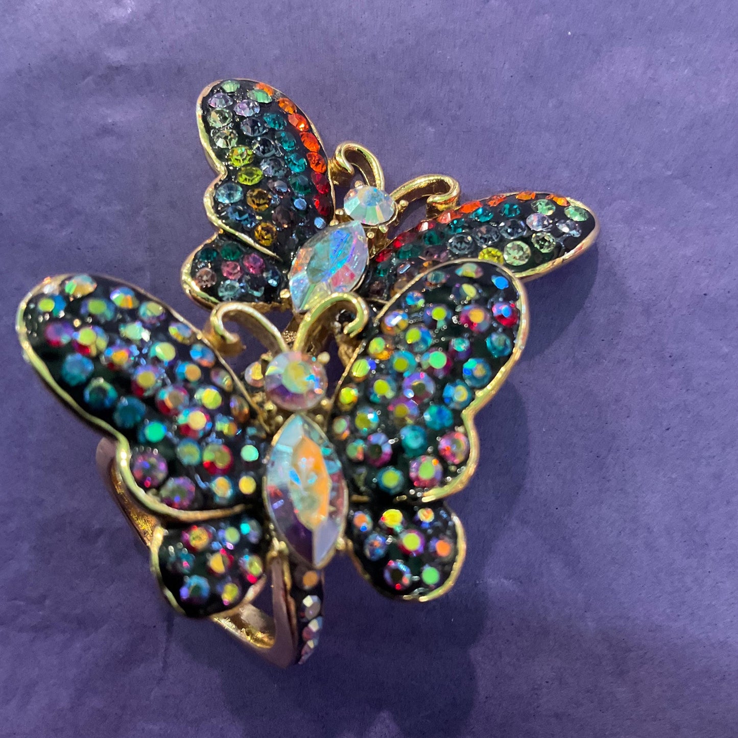 Vintage Butler and Wilson Rainbow Crystal Butterflies Statement Ring, Size Uk M/ US 6, Gold Tone with Borealis Crystals, Signed as new