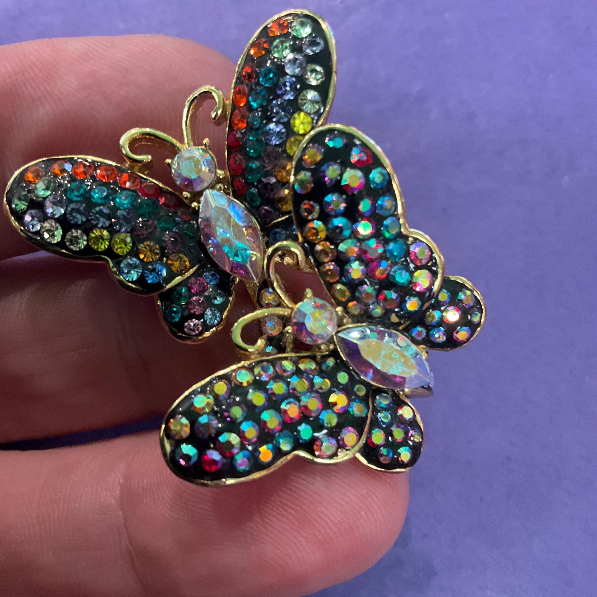 Vintage Butler and Wilson Rainbow Crystal Butterflies Statement Ring, Size Uk M/ US 6, Gold Tone with Borealis Crystals, Signed as new