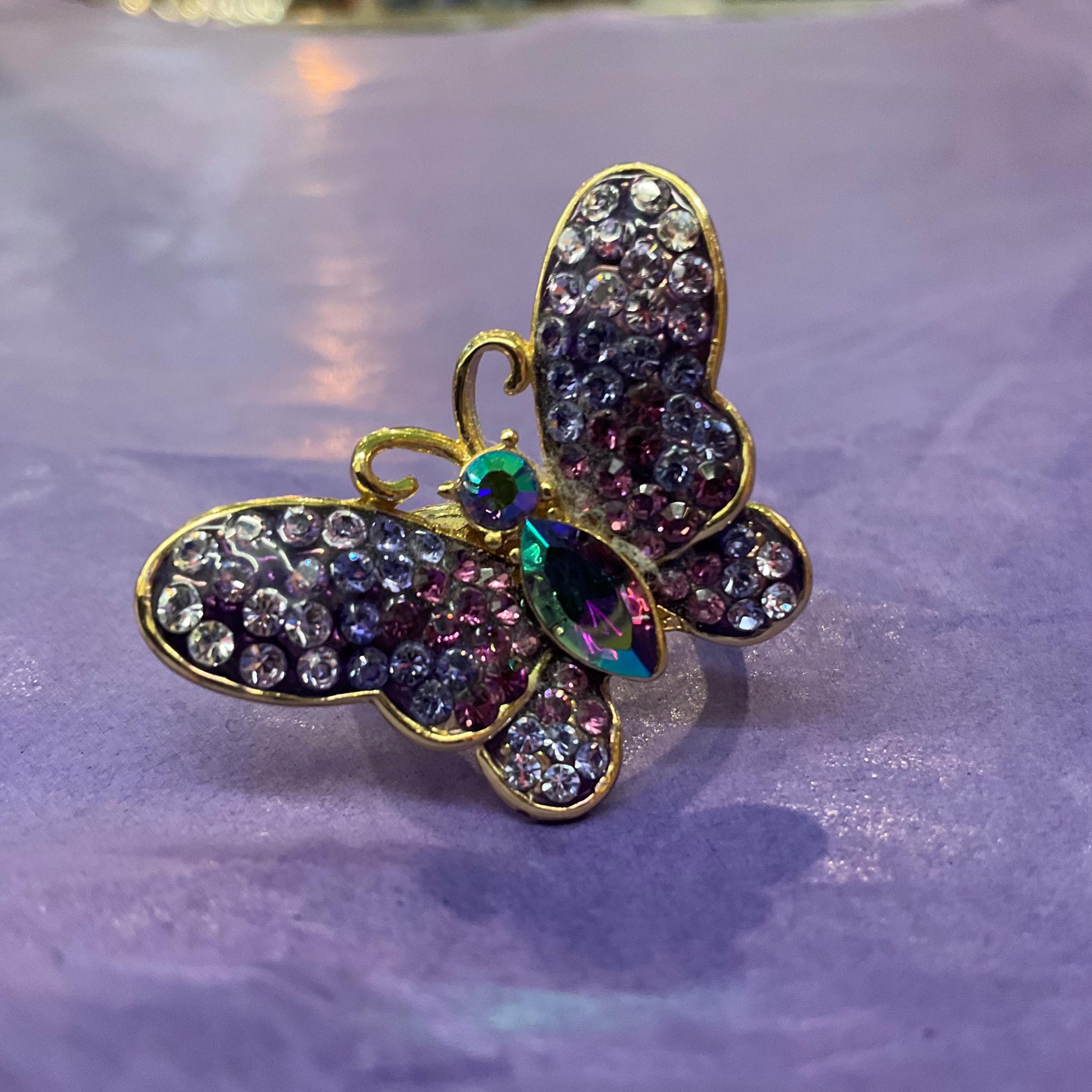 Vintage Butller and Wilson Purple Ombré Crystal Butterfly Ring, Size UK M/ US 6, Gold tone with peacock Borealis Crystal, Signed as new