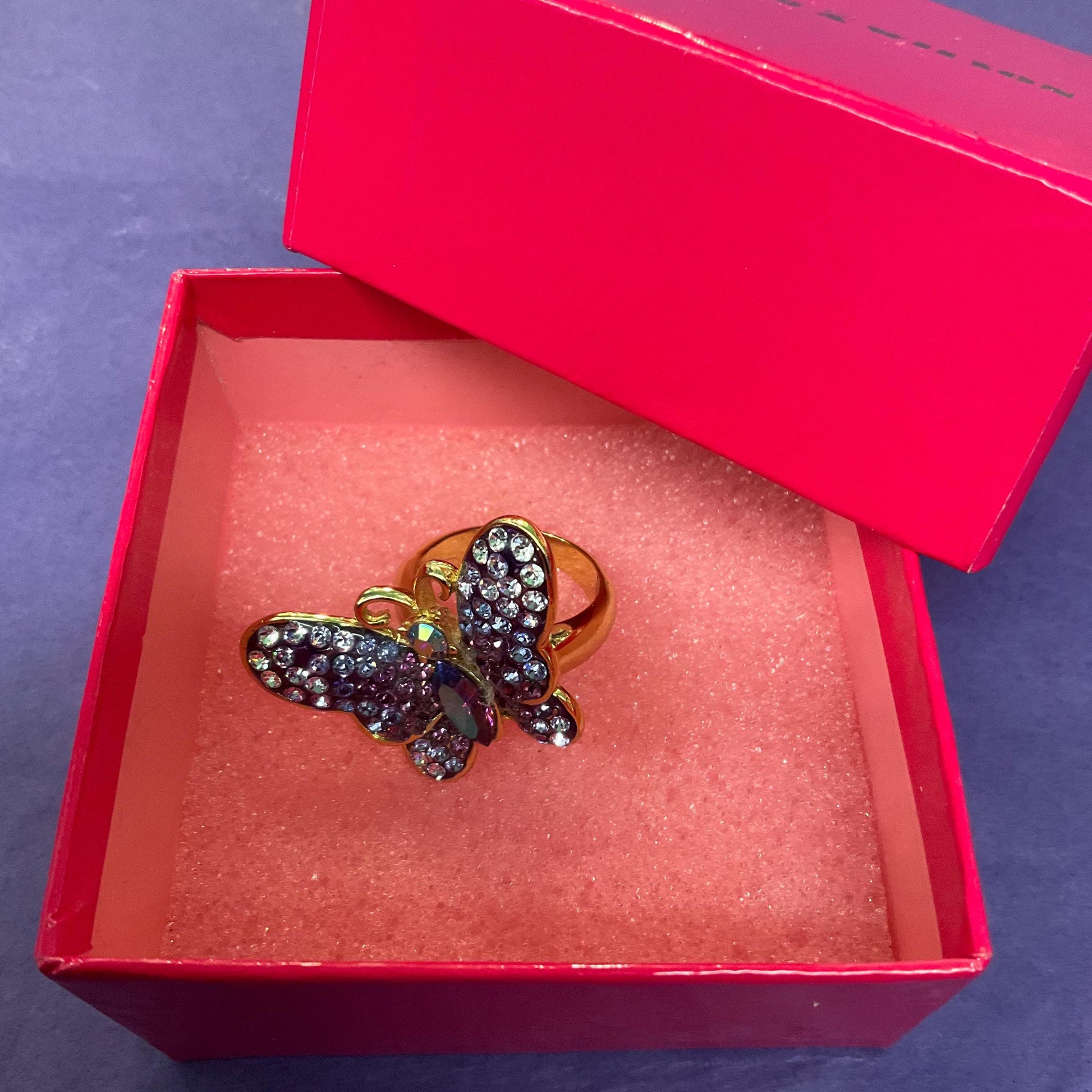 Vintage Butller and Wilson Purple Ombré Crystal Butterfly Ring, Size UK M/ US 6, Gold tone with peacock Borealis Crystal, Signed as new