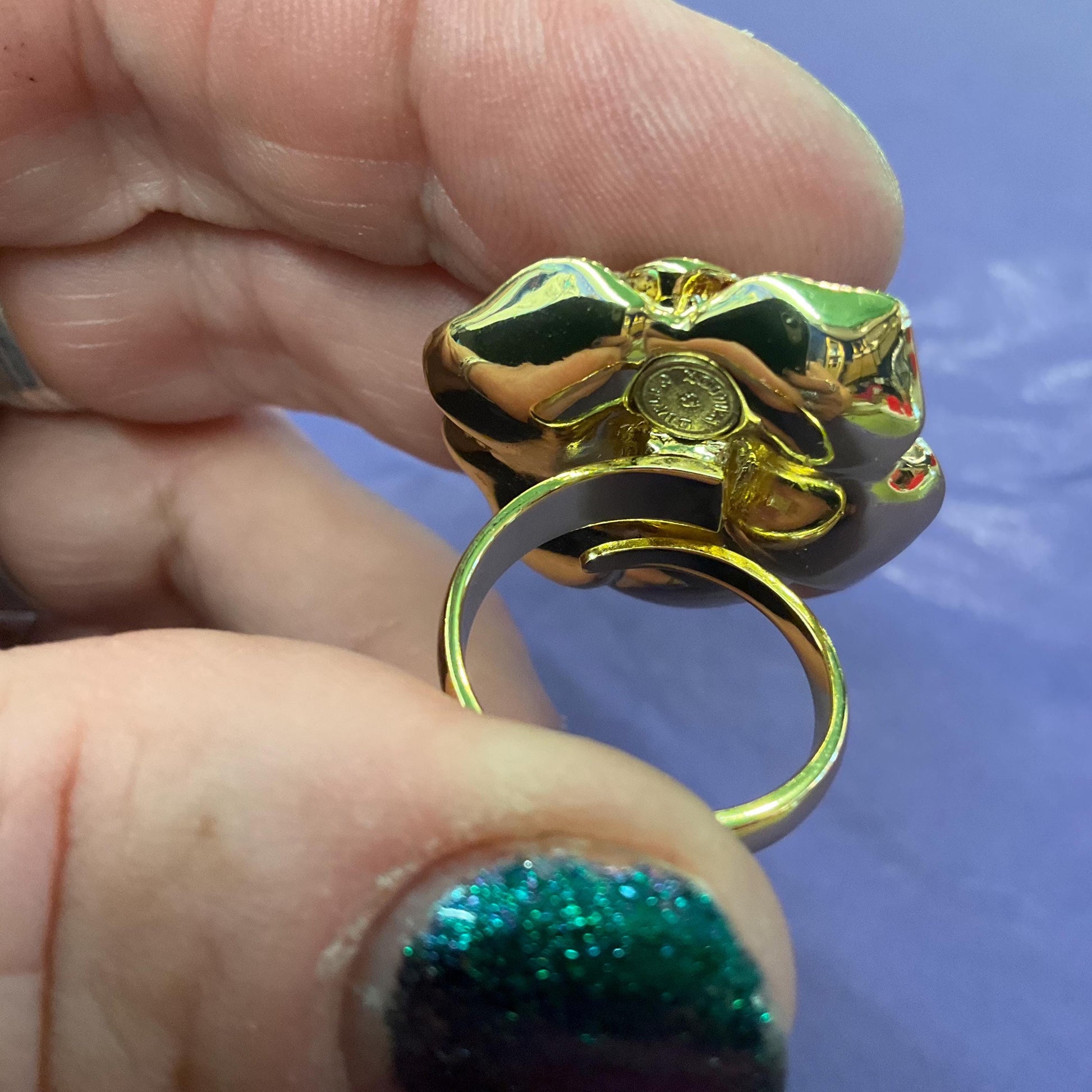 Vintage Butler and Wilson Large Red Rose Crystal Ring, Adjustable from Size Uk P/ US 7.5, Gold tone with Red enamel and rainbow crystal