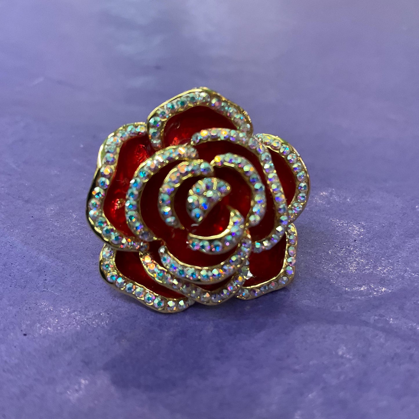 Vintage Butler and Wilson Large Red Rose Crystal Ring, Adjustable from Size Uk P/ US 7.5, Gold tone with Red enamel and rainbow crystal