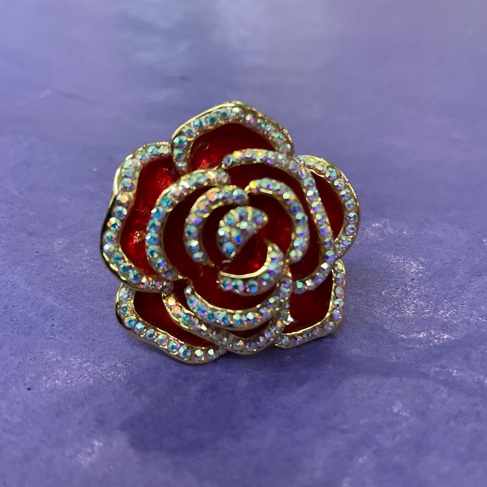 Vintage Butler and Wilson Large Red Rose Crystal Ring, Adjustable from Size Uk P/ US 7.5, Gold tone with Red enamel and rainbow crystal