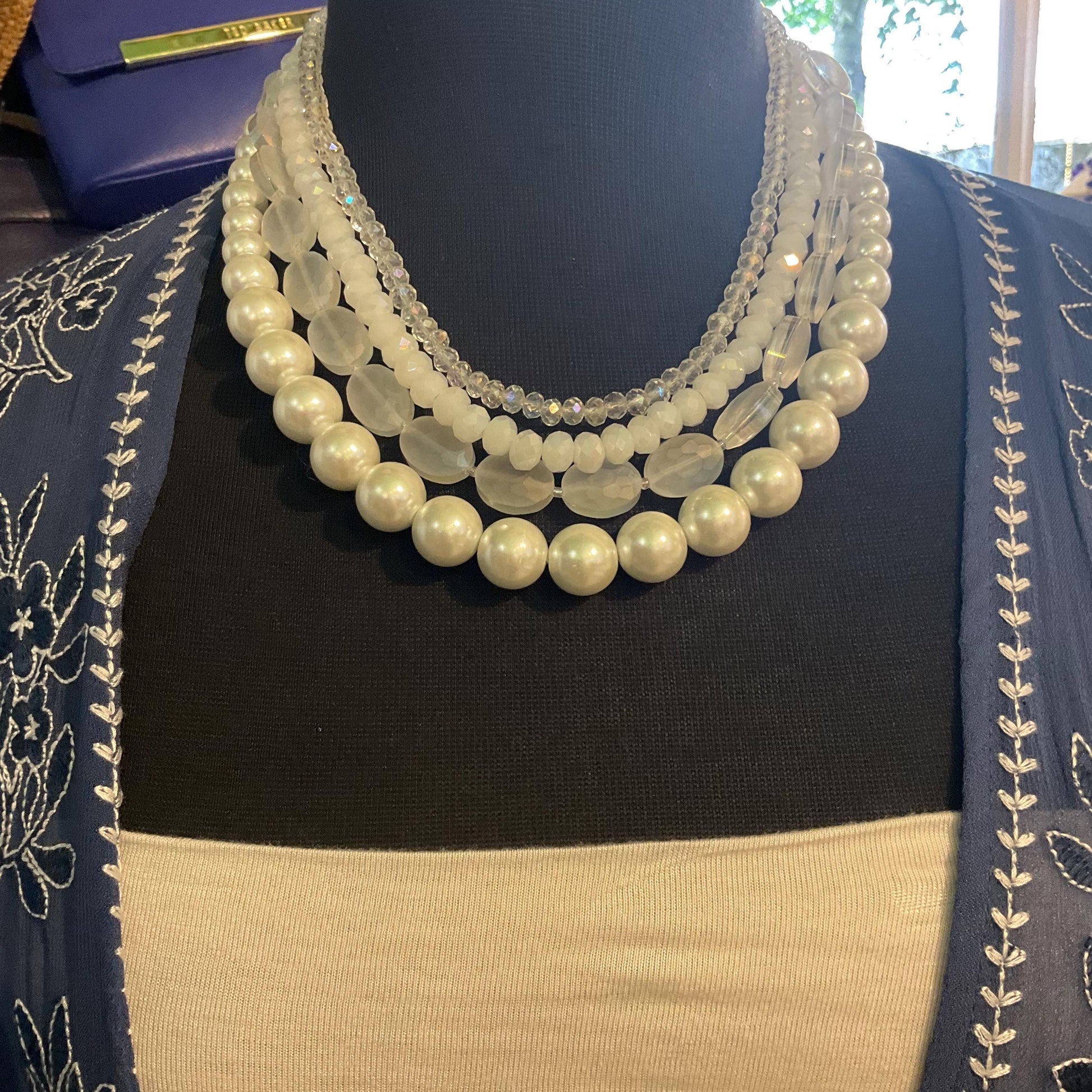 Vintage Butler and Wilson Multistrand White Crystal, Milk Glass and Faux Pearl Statement Necklace, Signed in original box, vintage wedding