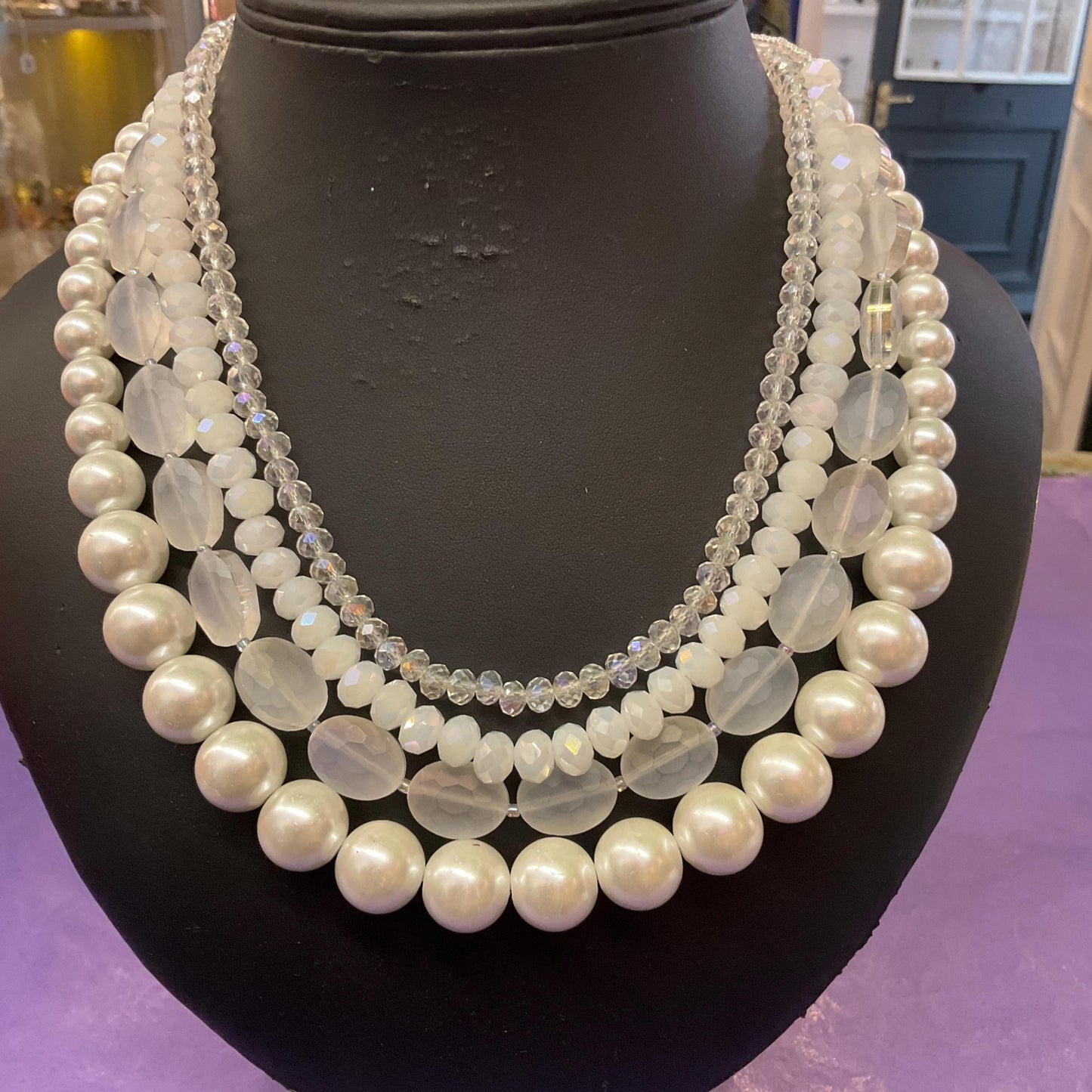 Vintage Butler and Wilson Multistrand White Crystal, Milk Glass and Faux Pearl Statement Necklace, Signed in original box, vintage wedding