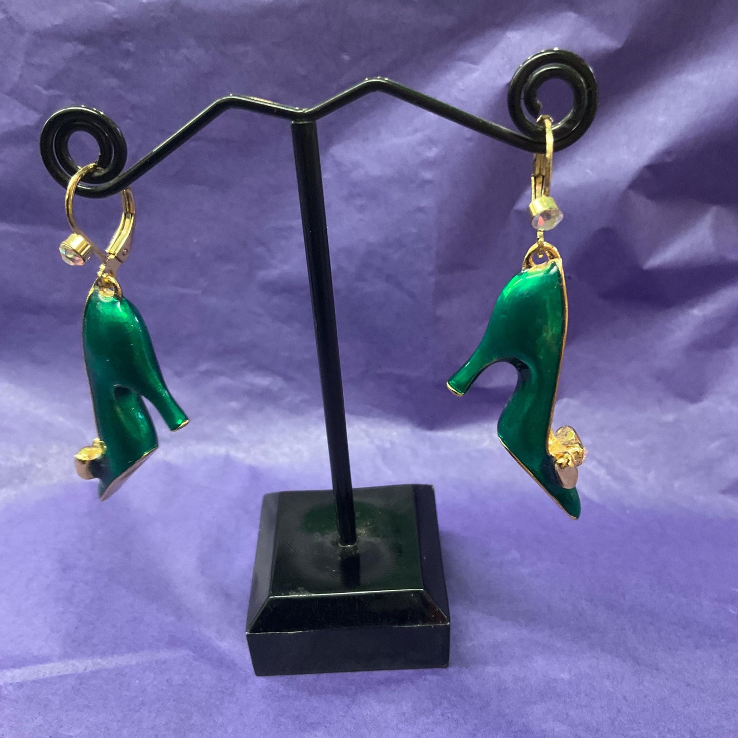 Vintage Butler and Wilson Green Disney Princess Shoe Dangle Earrings, Gold tone with lustre enamel and silver crystal, Shoe lover gift