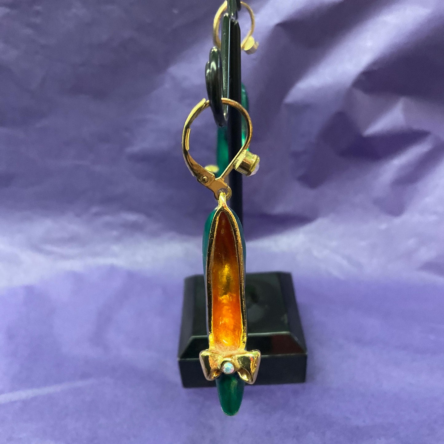 Vintage Butler and Wilson Green Disney Princess Shoe Dangle Earrings, Gold tone with lustre enamel and silver crystal, Shoe lover gift