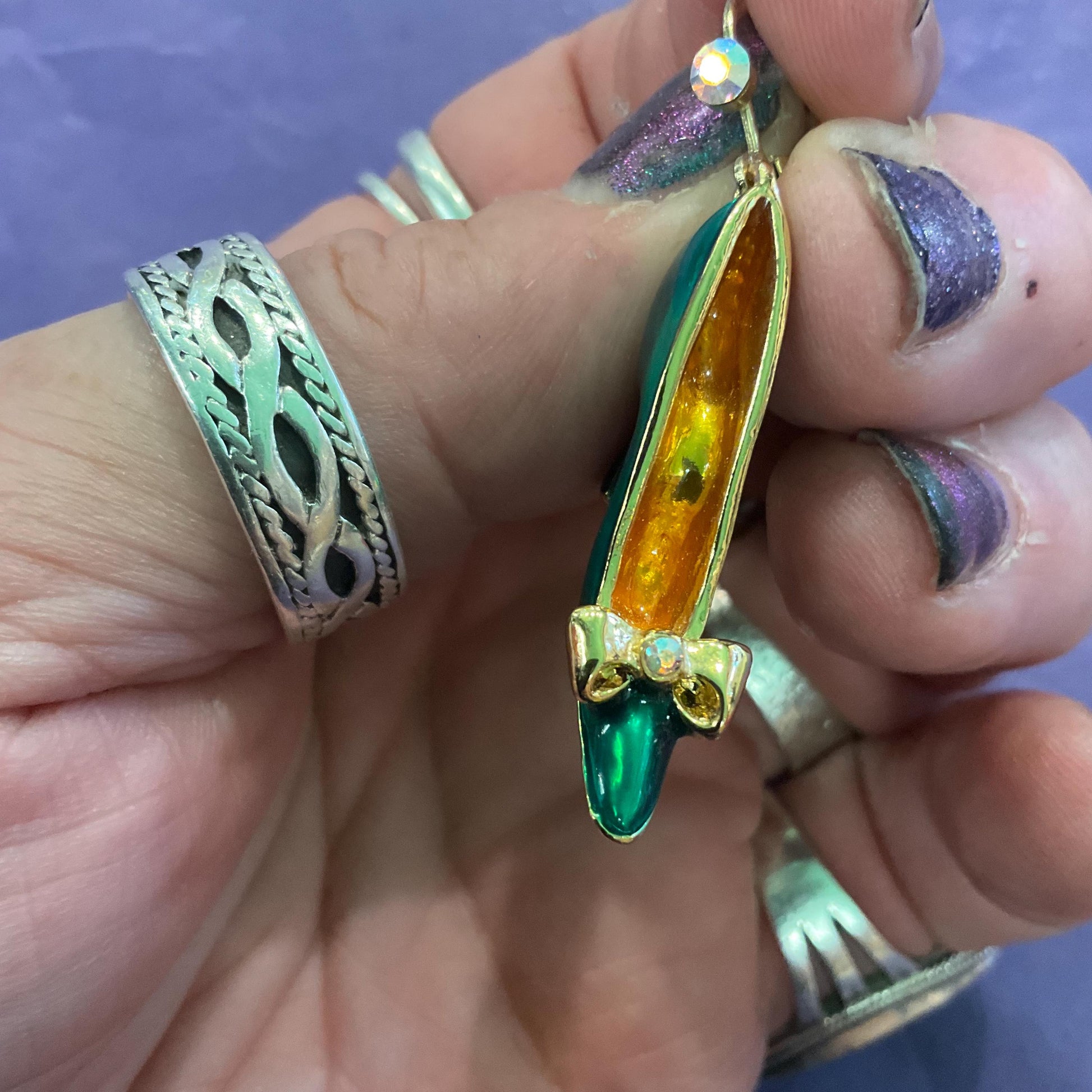 Vintage Butler and Wilson Green Disney Princess Shoe Dangle Earrings, Gold tone with lustre enamel and silver crystal, Shoe lover gift