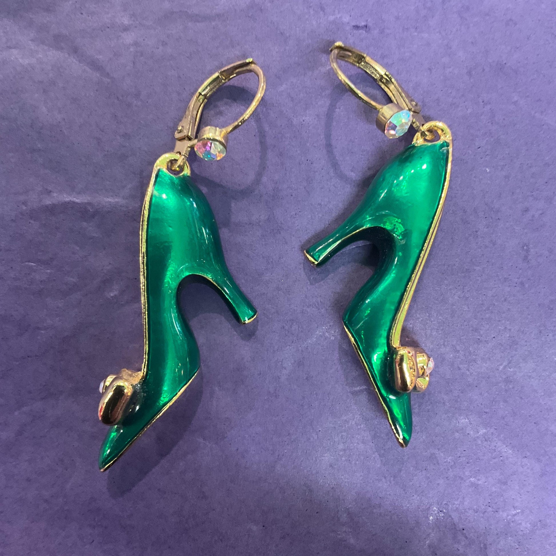 Vintage Butler and Wilson Green Disney Princess Shoe Dangle Earrings, Gold tone with lustre enamel and silver crystal, Shoe lover gift