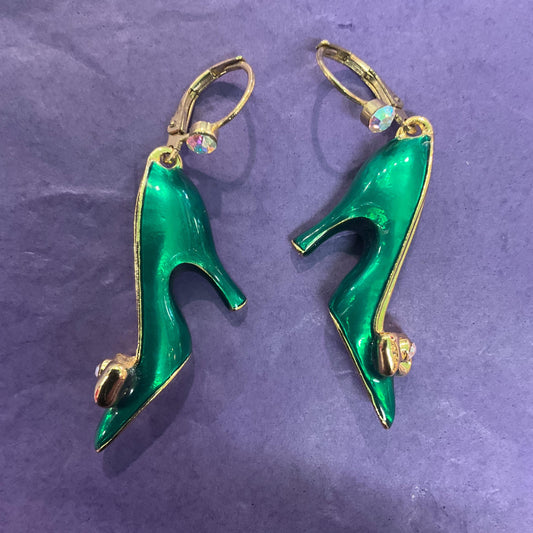 Vintage Butler and Wilson Green Disney Princess Shoe Dangle Earrings, Gold tone with lustre enamel and silver crystal, Shoe lover gift