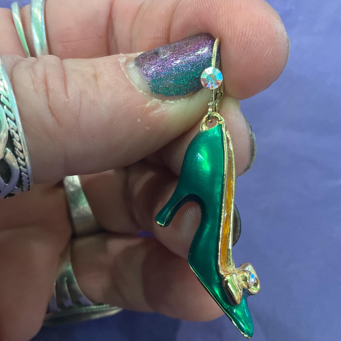 Vintage Butler and Wilson Green Disney Princess Shoe Dangle Earrings, Gold tone with lustre enamel and silver crystal, Shoe lover gift