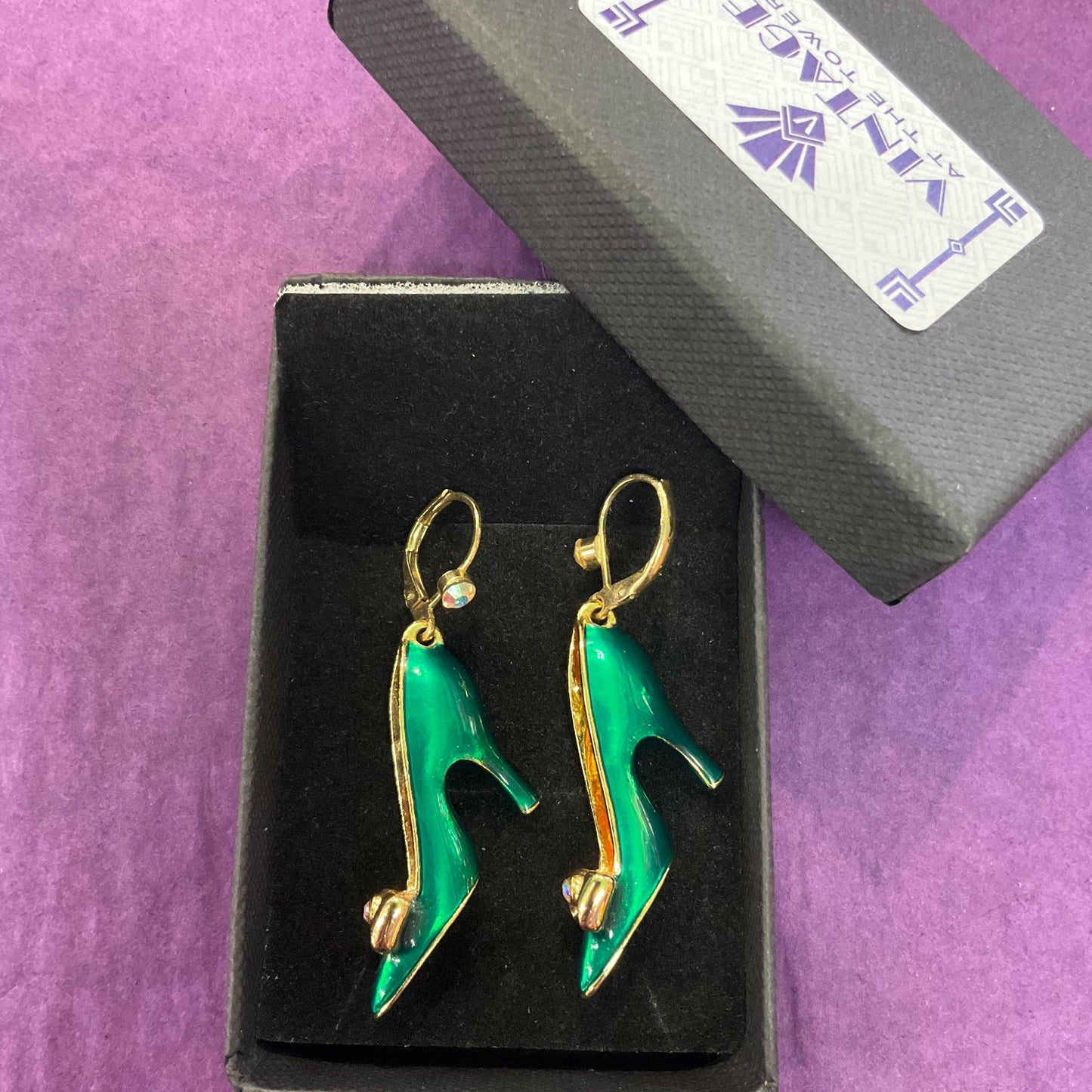 Vintage Butler and Wilson Green Disney Princess Shoe Dangle Earrings, Gold tone with lustre enamel and silver crystal, Shoe lover gift