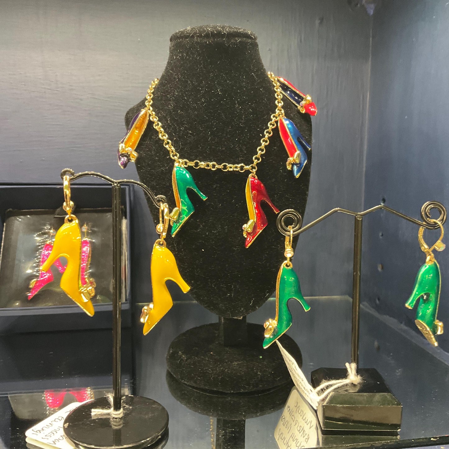 Vintage Butler and Wilson Green Disney Princess Shoe Dangle Earrings, Gold tone with lustre enamel and silver crystal, Shoe lover gift