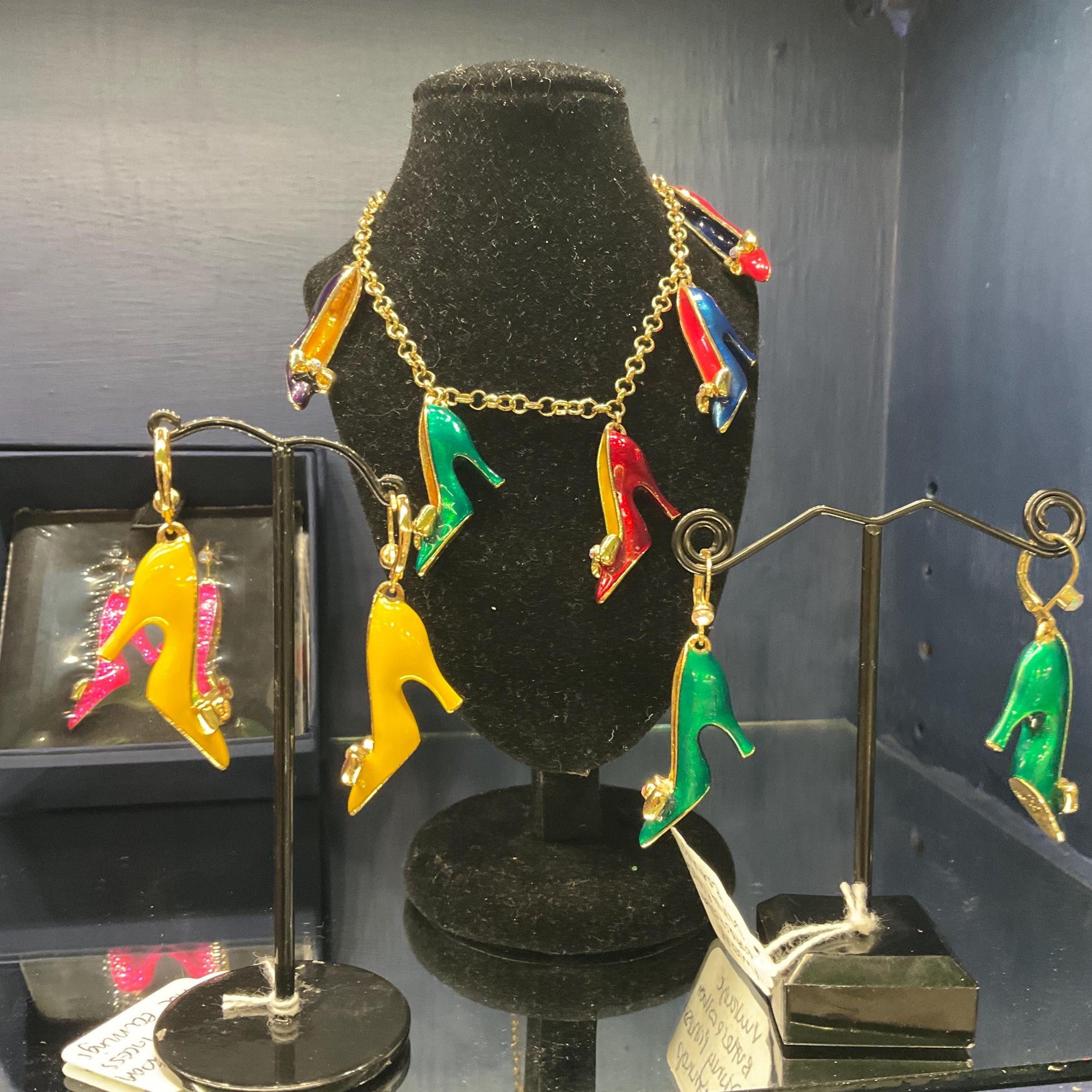 Vintage Butler and Wilson Green Disney Princess Shoe Dangle Earrings, Gold tone with lustre enamel and silver crystal, Shoe lover gift