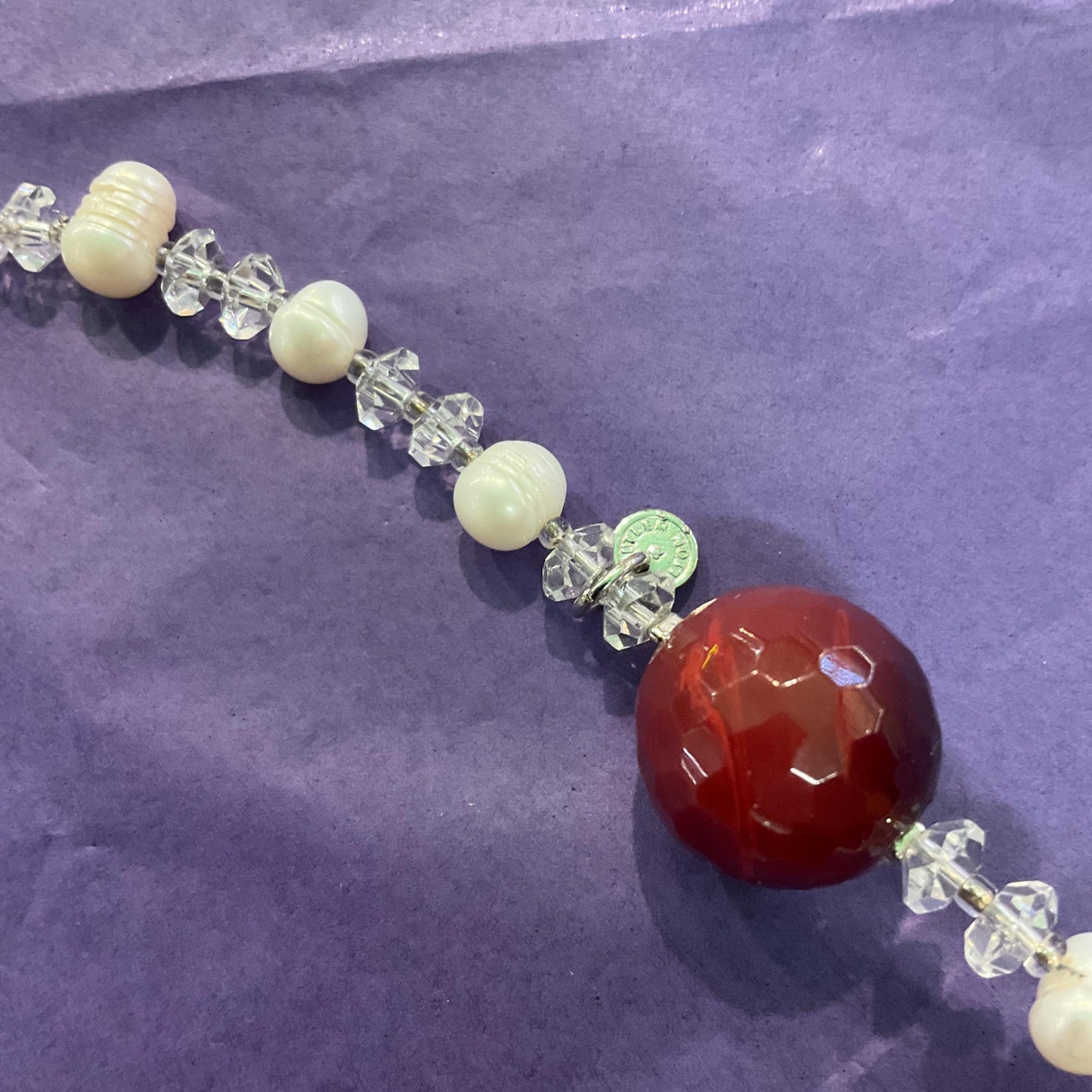 Vintage Butler and Wilson Rock Crystal & Cultured Pearl Flapper Length Necklace, Ivory beads and large wine coloured crystal beads, signed