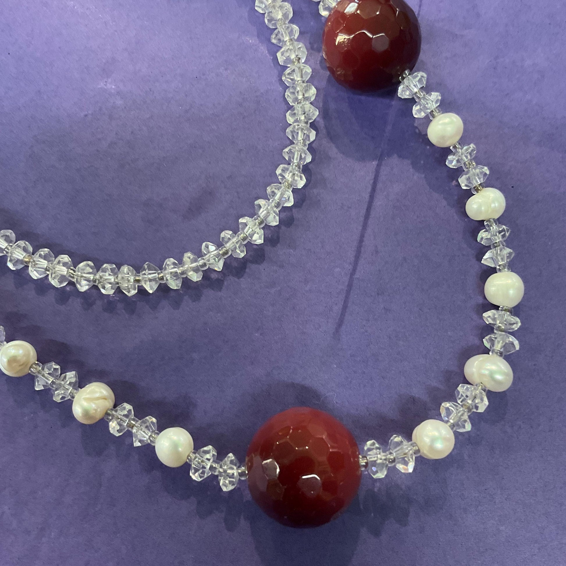 Vintage Butler and Wilson Rock Crystal & Cultured Pearl Flapper Length Necklace, Ivory beads and large wine coloured crystal beads, signed