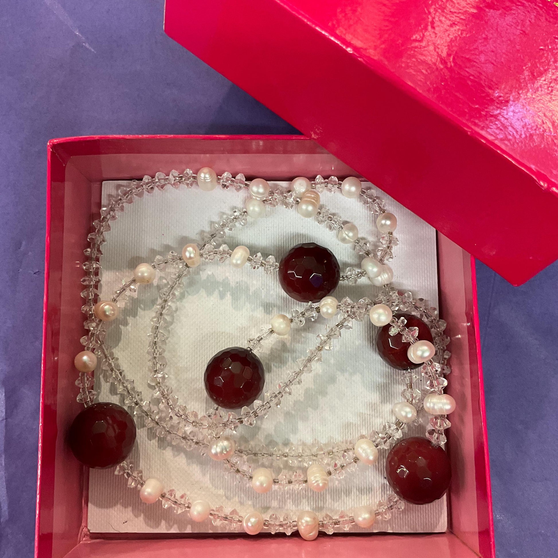 Vintage Butler and Wilson Rock Crystal & Cultured Pearl Flapper Length Necklace, Ivory beads and large wine coloured crystal beads, signed