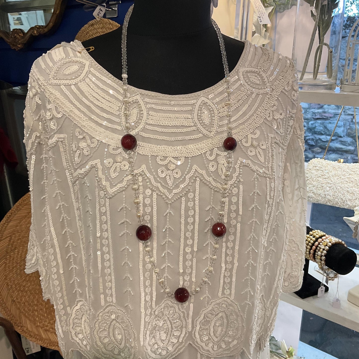 Vintage Butler and Wilson Rock Crystal & Cultured Pearl Flapper Length Necklace, Ivory beads and large wine coloured crystal beads, signed