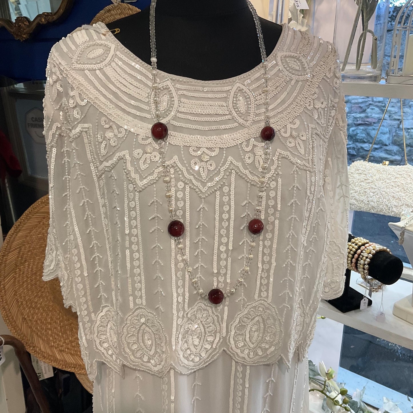 Vintage Butler and Wilson Rock Crystal & Cultured Pearl Flapper Length Necklace, Ivory beads and large wine coloured crystal beads, signed