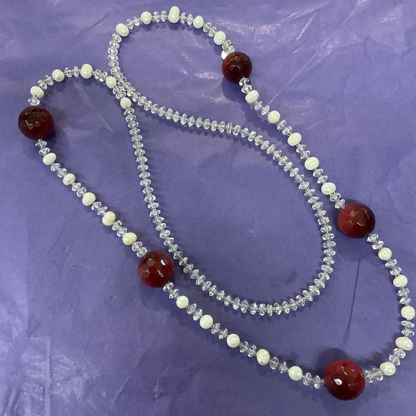 Vintage Butler and Wilson Rock Crystal & Cultured Pearl Flapper Length Necklace, Ivory beads and large wine coloured crystal beads, signed