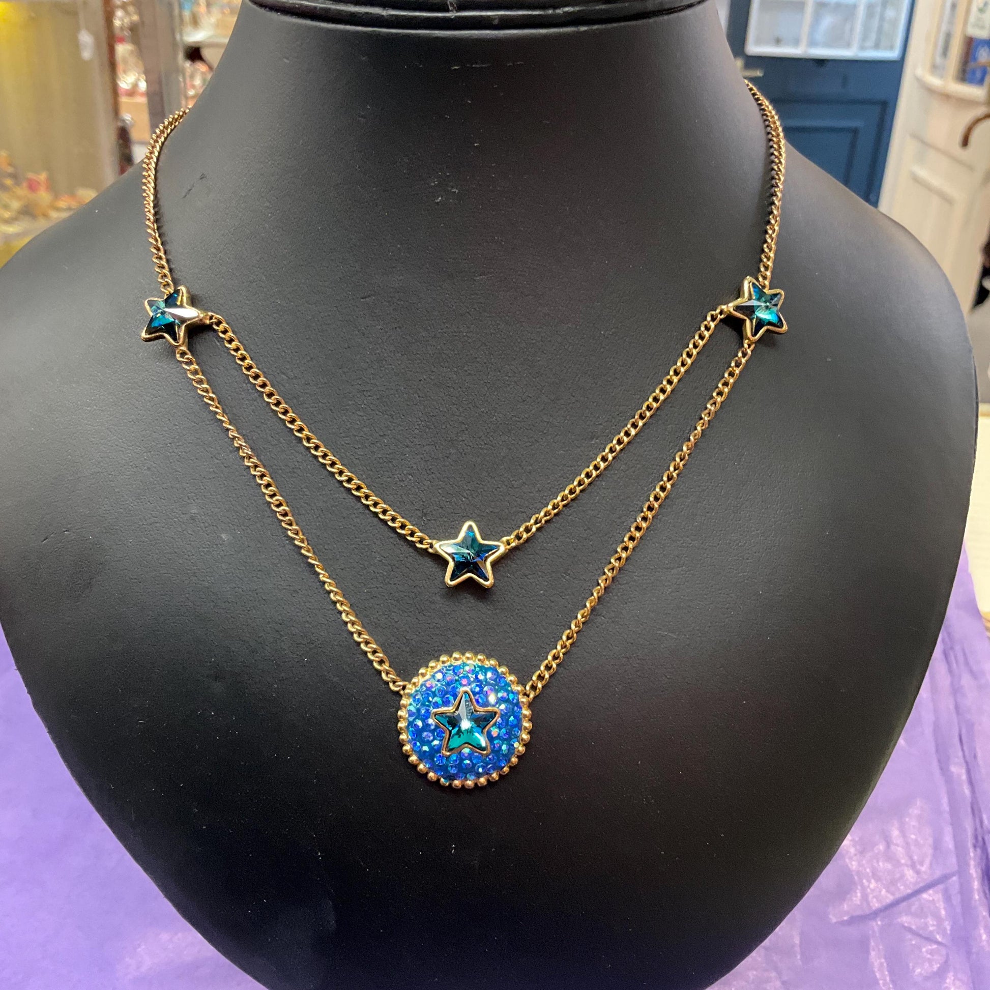 Vintage Butler and Wilson Crystal Blue Moon and Stars Necklace, Gold Tone Chain with Borealis Crystals, Signed in Original Box
