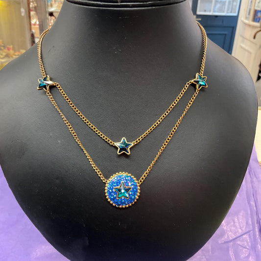 Vintage Butler and Wilson Crystal Blue Moon and Stars Necklace, Gold Tone Chain with Borealis Crystals, Signed in Original Box