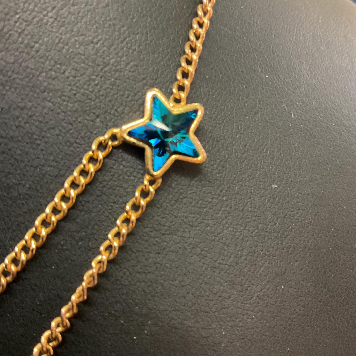 Vintage Butler and Wilson Crystal Blue Moon and Stars Necklace, Gold Tone Chain with Borealis Crystals, Signed in Original Box