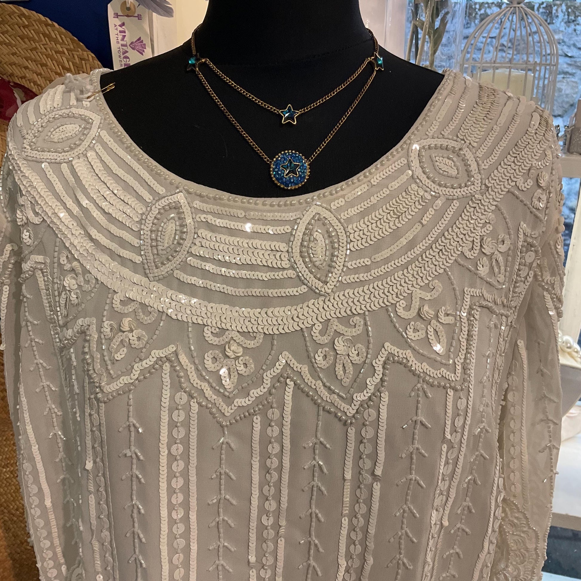 Vintage Butler and Wilson Crystal Blue Moon and Stars Necklace, Gold Tone Chain with Borealis Crystals, Signed in Original Box