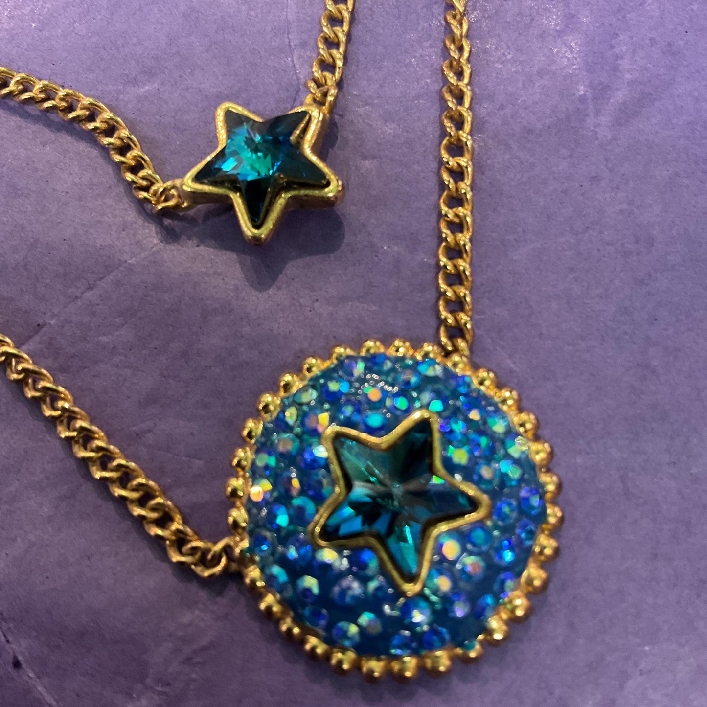 Vintage Butler and Wilson Crystal Blue Moon and Stars Necklace, Gold Tone Chain with Borealis Crystals, Signed in Original Box