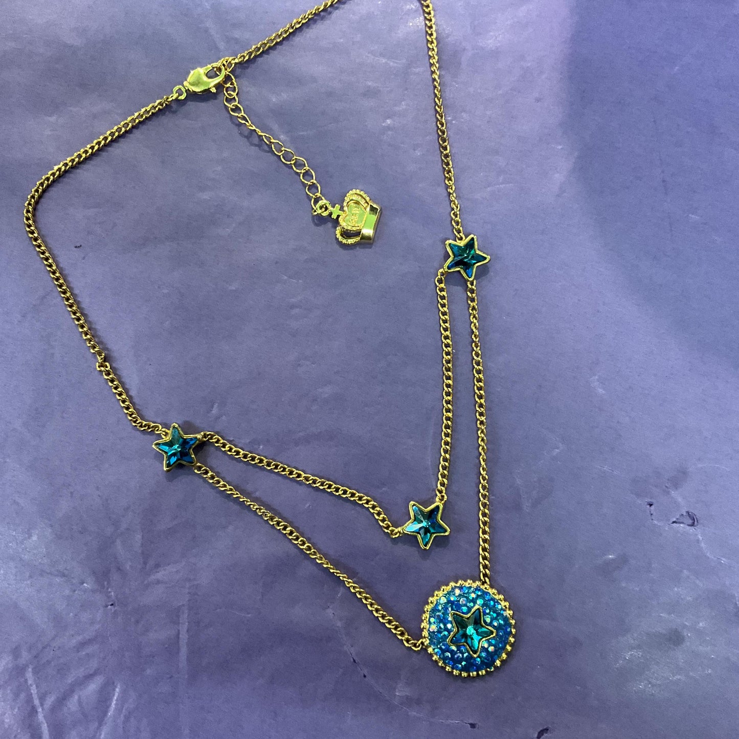 Vintage Butler and Wilson Crystal Blue Moon and Stars Necklace, Gold Tone Chain with Borealis Crystals, Signed in Original Box