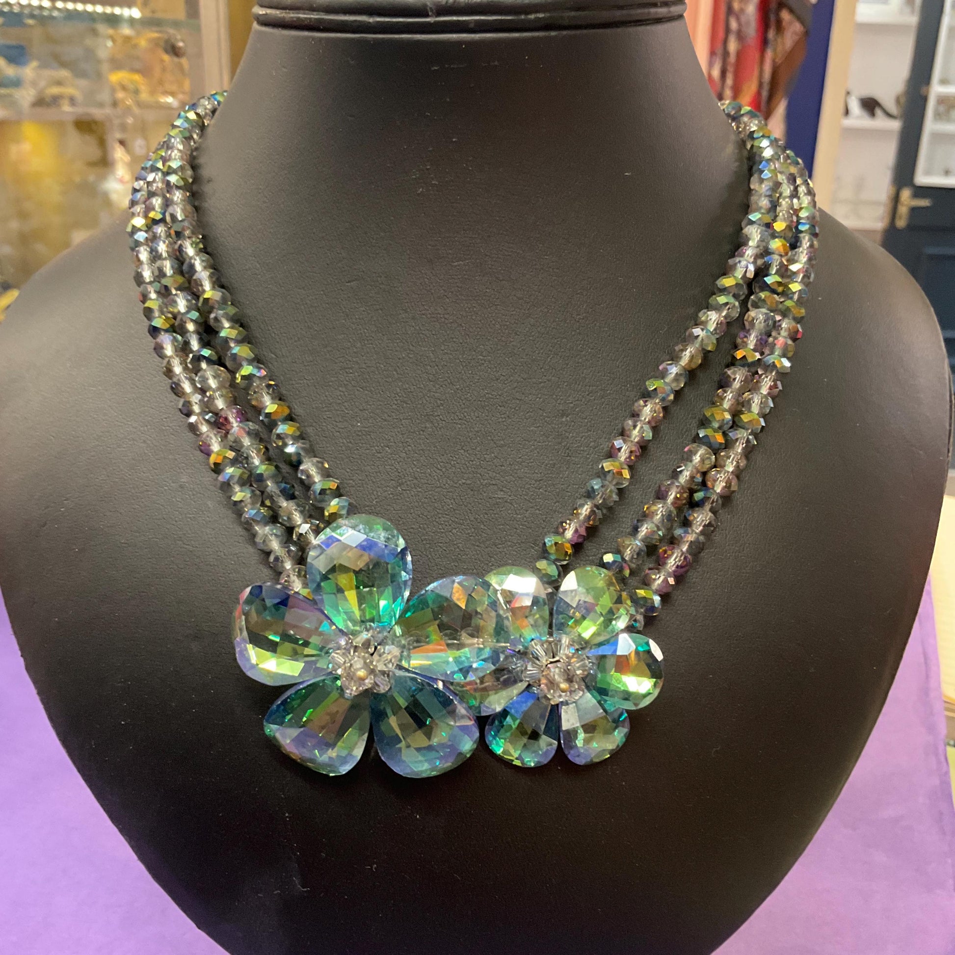 Vintage Butler and Wilson Turquoise/Green Borealis Rainbow Crystal Floral Beaded Necklace, Formal Event, Signed In Original Box