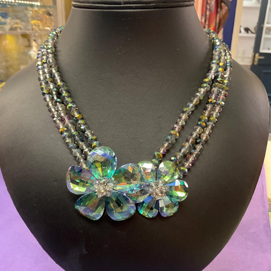 Vintage Butler and Wilson Turquoise/Green Borealis Rainbow Crystal Floral Beaded Necklace, Formal Event, Signed In Original Box