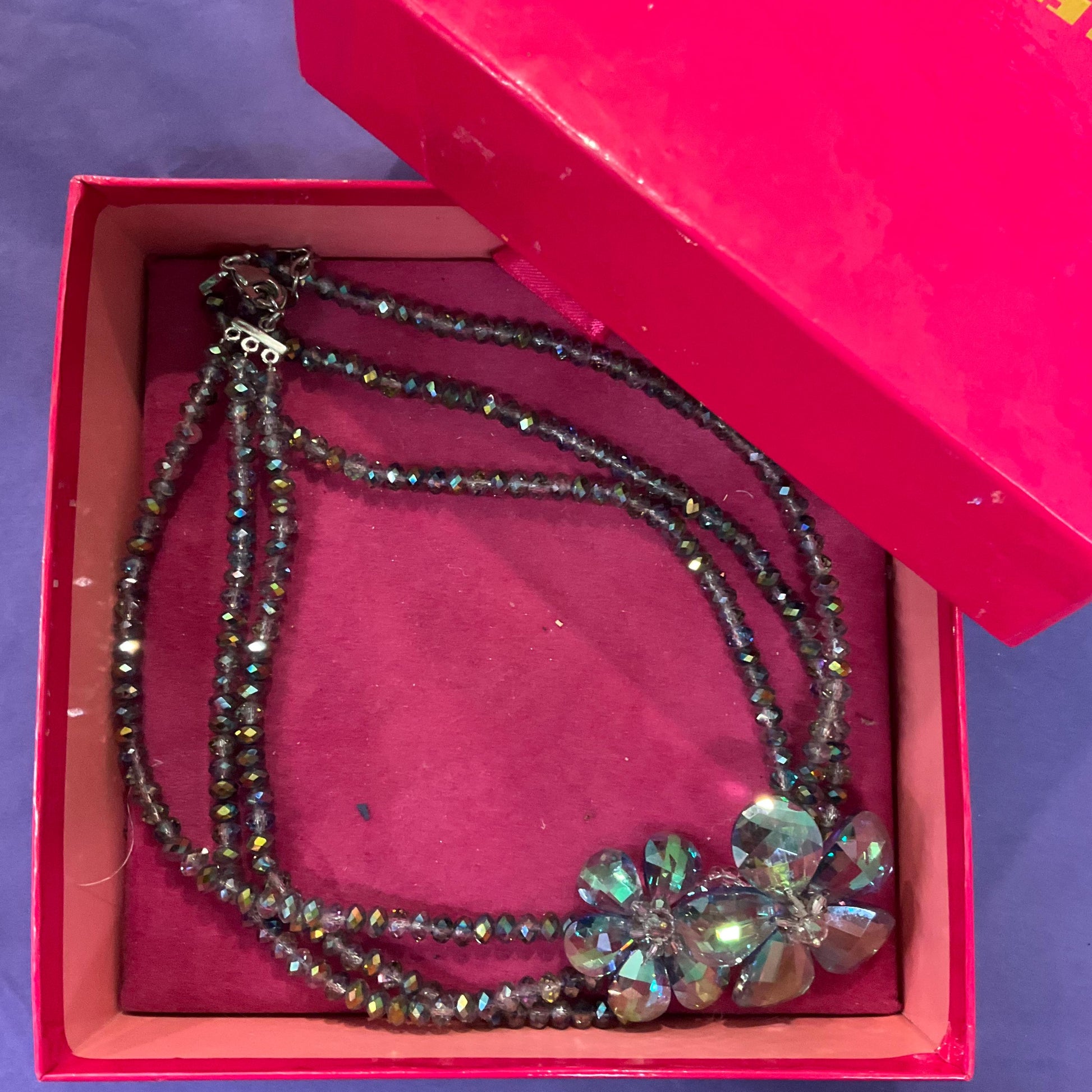 Vintage Butler and Wilson Turquoise/Green Borealis Rainbow Crystal Floral Beaded Necklace, Formal Event, Signed In Original Box