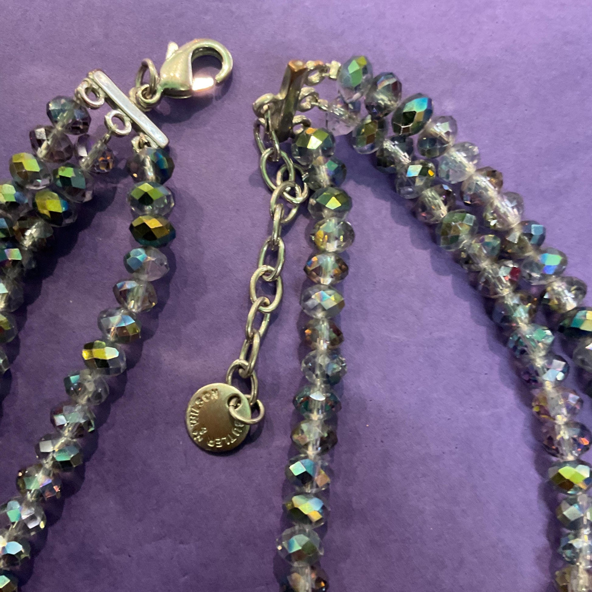 Vintage Butler and Wilson Turquoise/Green Borealis Rainbow Crystal Floral Beaded Necklace, Formal Event, Signed In Original Box