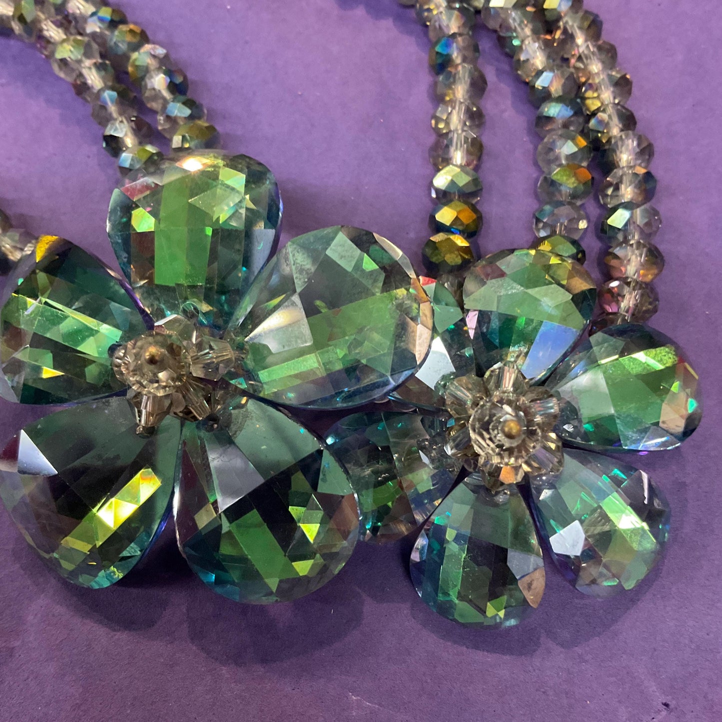 Vintage Butler and Wilson Turquoise/Green Borealis Rainbow Crystal Floral Beaded Necklace, Formal Event, Signed In Original Box