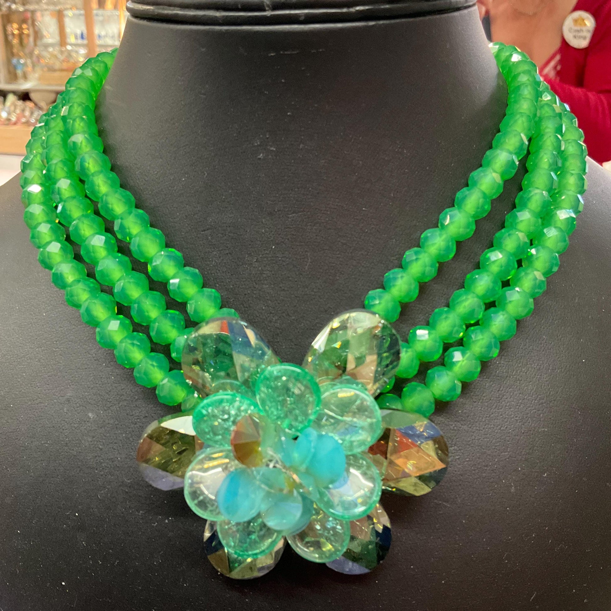 Vintage Butler and Wilson Statement Green Crystal Floral Choker style Necklace, Multistrands with Borealus Crystal Flower, As new