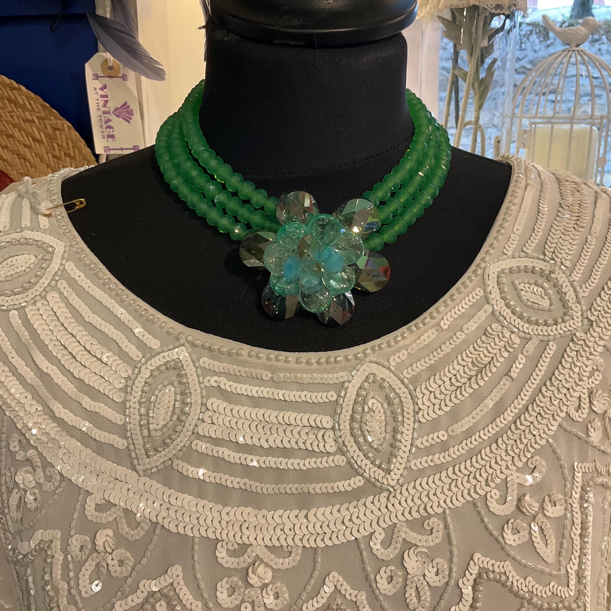 Vintage Butler and Wilson Statement Green Crystal Floral Choker style Necklace, Multistrands with Borealus Crystal Flower, As new