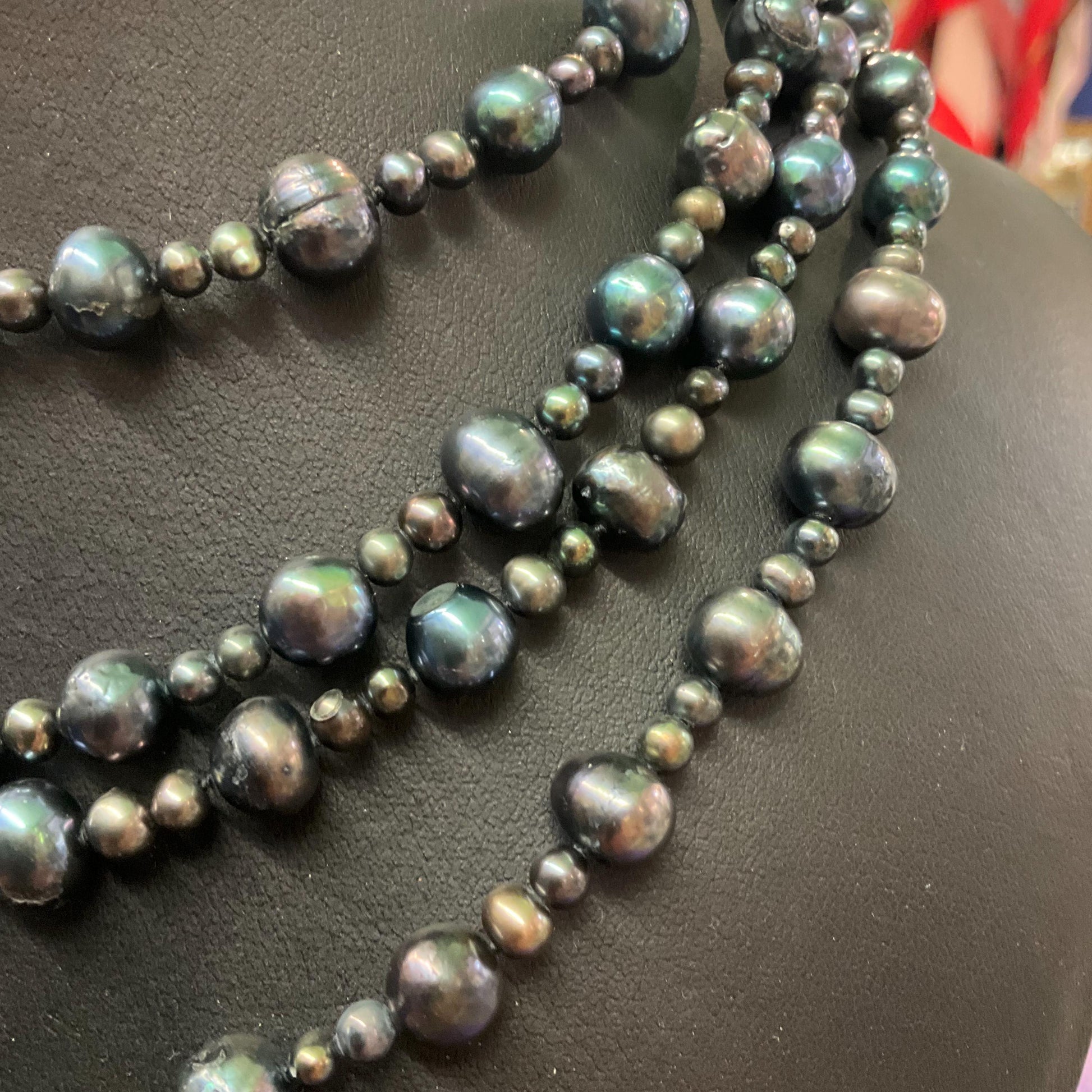 Vintage Peacock Fresh Water Pearl Flapper Length Beaded Necklace, Petrol Irridescent Colours, Ultra long, Formal Event
