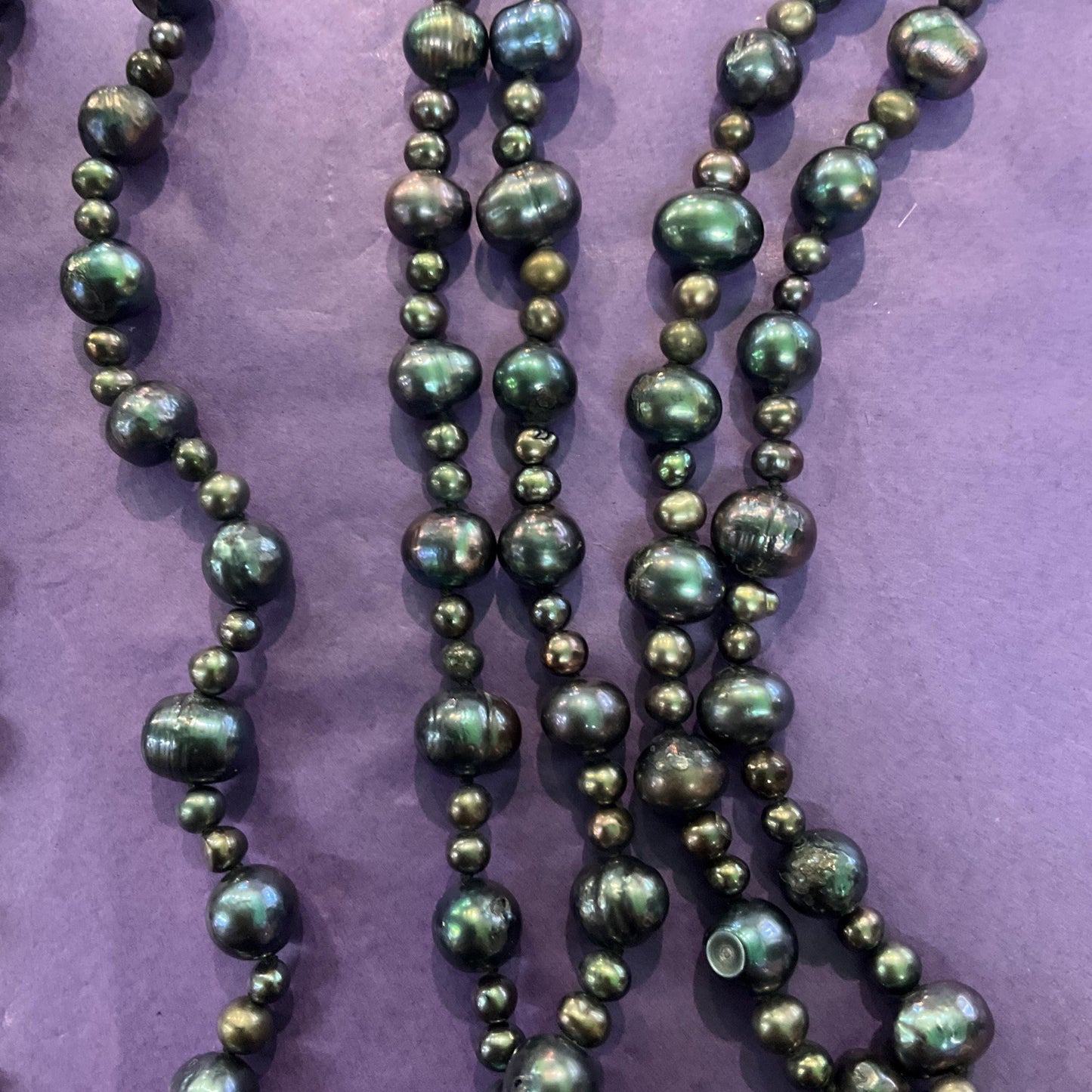 Vintage Peacock Fresh Water Pearl Flapper Length Beaded Necklace, Petrol Irridescent Colours, Ultra long, Formal Event