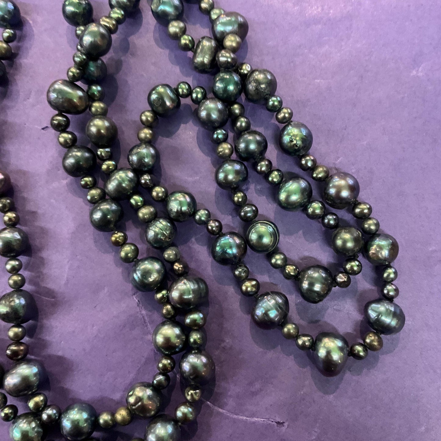 Vintage Peacock Fresh Water Pearl Flapper Length Beaded Necklace, Petrol Irridescent Colours, Ultra long, Formal Event